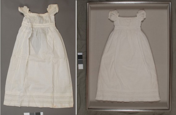 Christening gown: before treatment on the left, after treatment on the right in a shadowbox