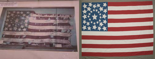 Reproduction: original flag on display in an older photograph on the left; reproduction on the right