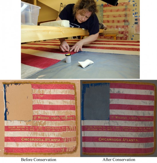 Civil War flag conservation: top picture - working while suspended on a bridge so the middle is accessible. 